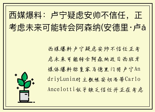 西媒爆料：卢宁疑虑安帅不信任，正考虑未来可能转会阿森纳(安德里·卢宁)