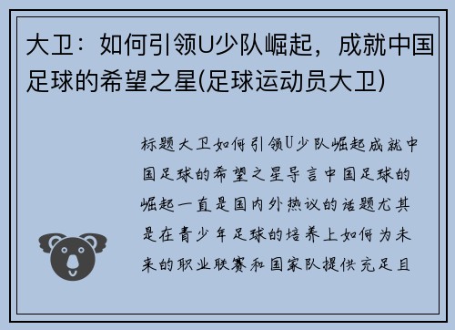 大卫：如何引领U少队崛起，成就中国足球的希望之星(足球运动员大卫)